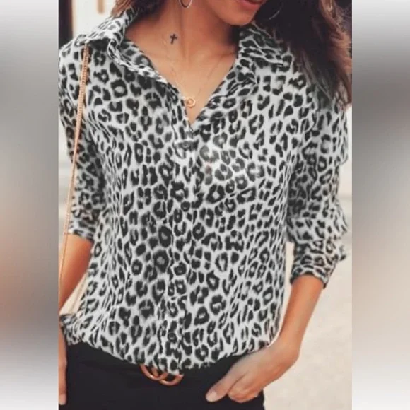 New York & Company stretch button down XL leopard animal cheetah print shirt - Picture 1 of 3